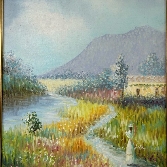 Serene Pastel Landscape Impressionist Oil Painting by Dubois with Bamboo Frame - Picture 2 of 7